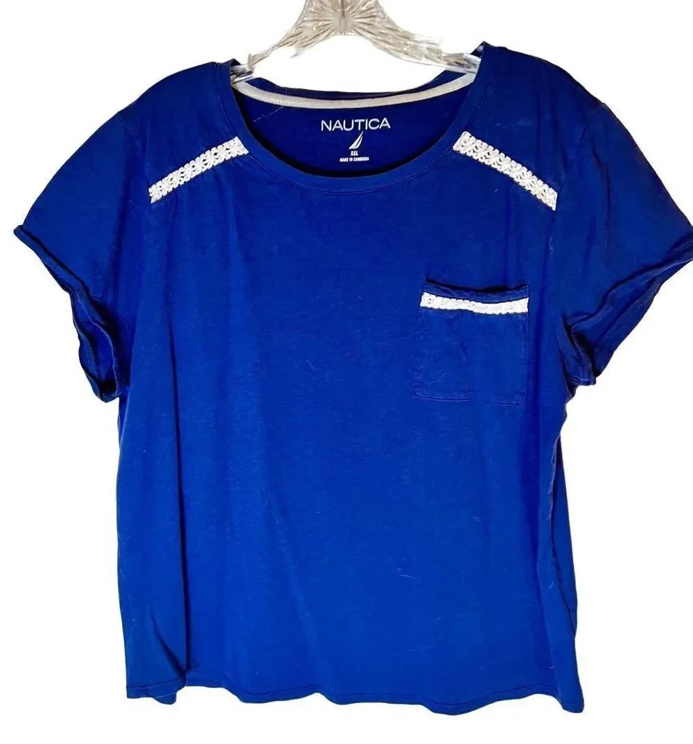 Nautica Women’s Blue w White Cotton Lace at Pocket & Sleeves Sz XXL GC